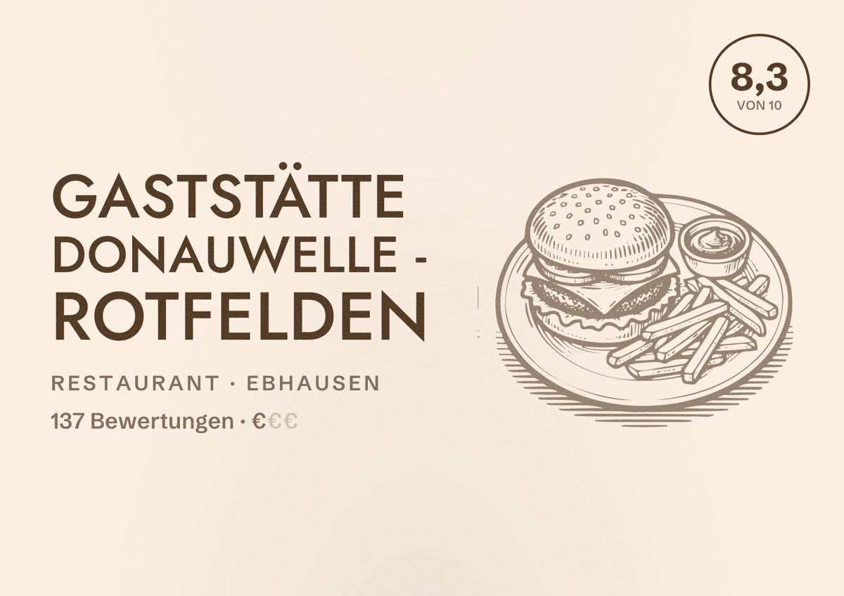 Illustriertes Poster von Gaststätte Donauwelle - Rotfelden, Restaurant in Ebhausen: Bewertung 8,3 von 10 aus 137 Bewertungen, Preisniveau €