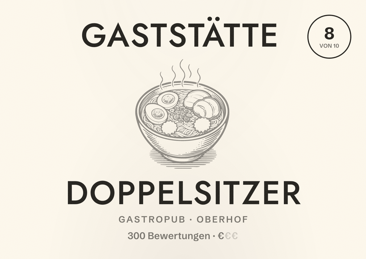 Illustriertes Poster von Gaststätte Doppelsitzer, Gastropub in Oberhof: Bewertung 8 von 10 aus 300 Bewertungen, Preisniveau €