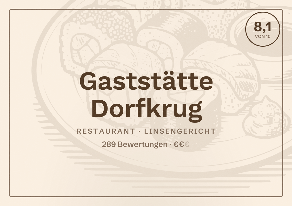 Illustriertes Poster von Gaststätte Dorfkrug, Restaurant in Linsengericht: Bewertung 8,1 von 10 aus 289 Bewertungen, Preisniveau €€