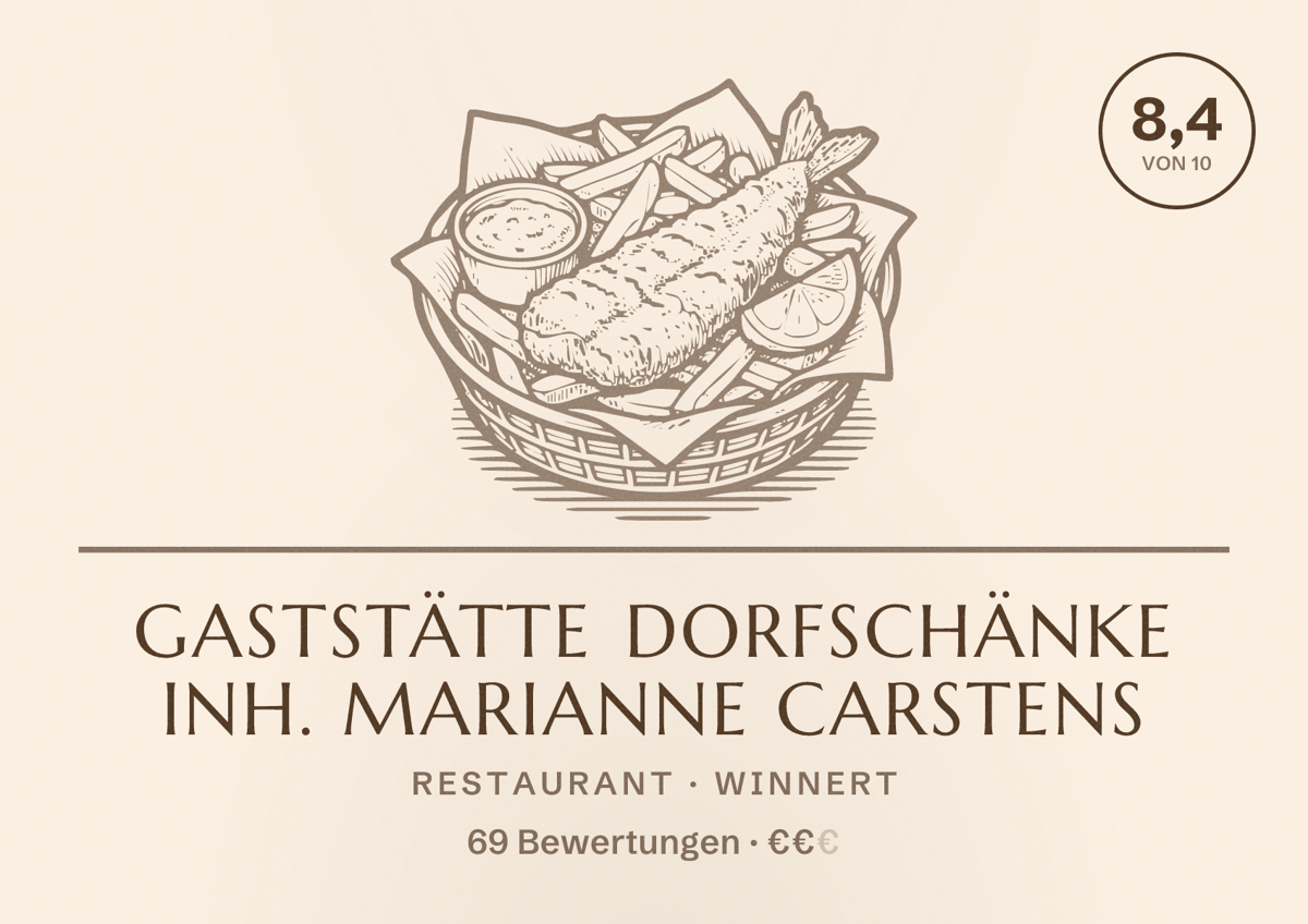 Illustriertes Poster von Gaststätte Dorfschänke Inh. Marianne Carstens, Restaurant in Winnert: Bewertung 8,4 von 10 aus 69 Bewertungen, Preisniveau €€