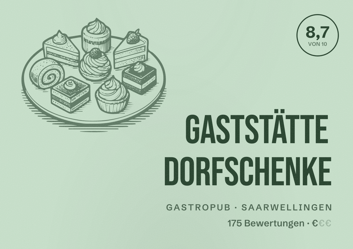 Illustriertes Poster von Gaststätte Dorfschenke, Gastropub in Saarwellingen: Bewertung 8,7 von 10 aus 175 Bewertungen, Preisniveau €