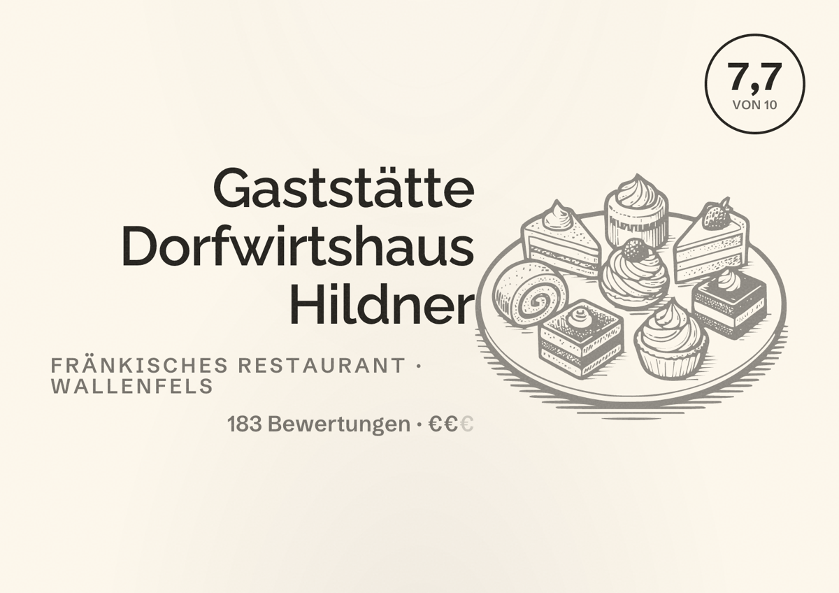 Illustriertes Poster von Gaststätte Dorfwirtshaus Hildner, Fränkisches Restaurant in Wallenfels: Bewertung 7,7 von 10 aus 183 Bewertungen, Preisniveau €€