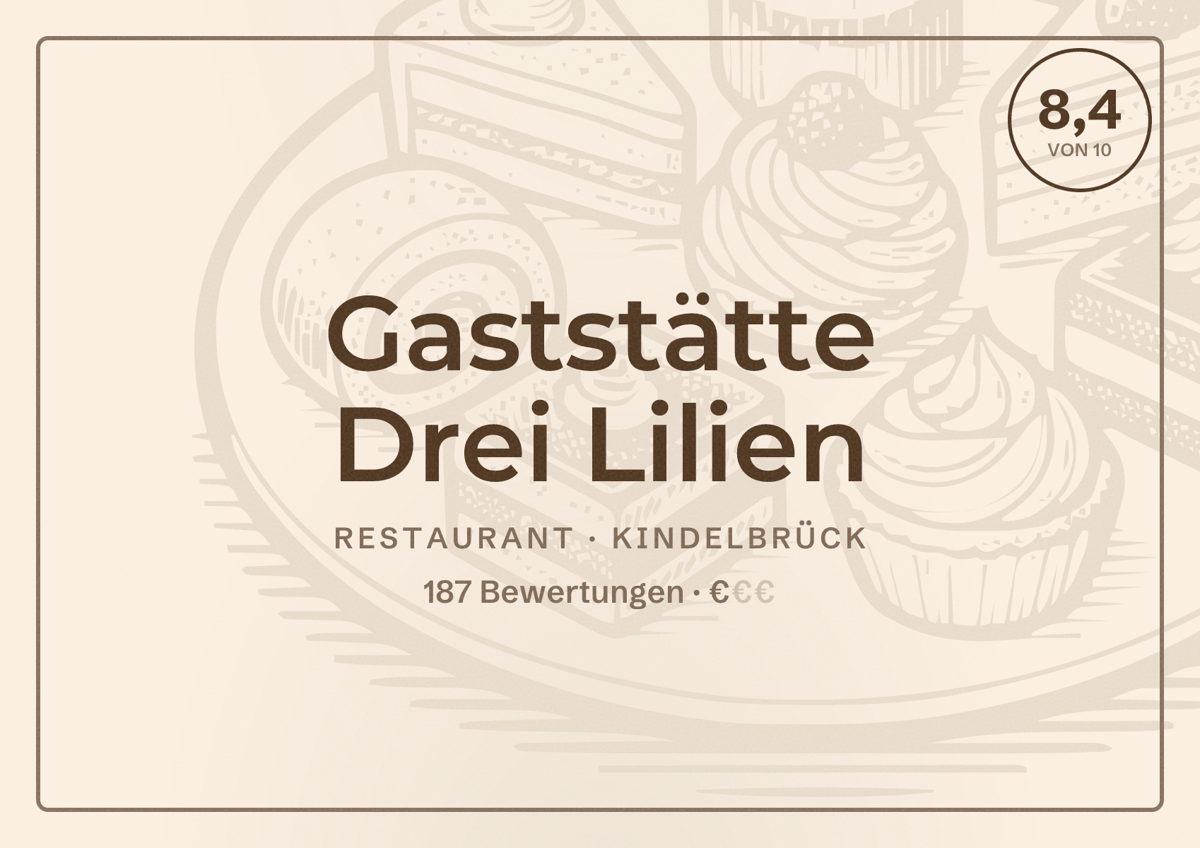 Illustriertes Poster von Gaststätte Drei Lilien, Restaurant in Kindelbrück: Bewertung 8,4 von 10 aus 187 Bewertungen, Preisniveau €