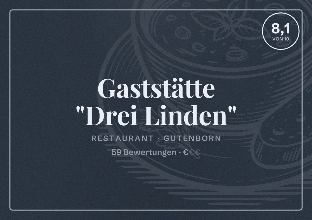 Illustriertes Poster von Gaststätte "Drei Linden", Restaurant in Gutenborn: Bewertung 8,1 von 10 aus 59 Bewertungen, Preisniveau €