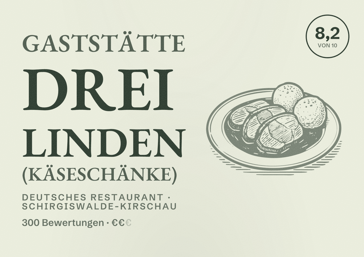 Illustriertes Poster von Gaststätte Drei Linden (Käseschänke), Deutsches Restaurant in Schirgiswalde-Kirschau: Bewertung 8,2 von 10 aus 300 Bewertungen, Preisniveau €€