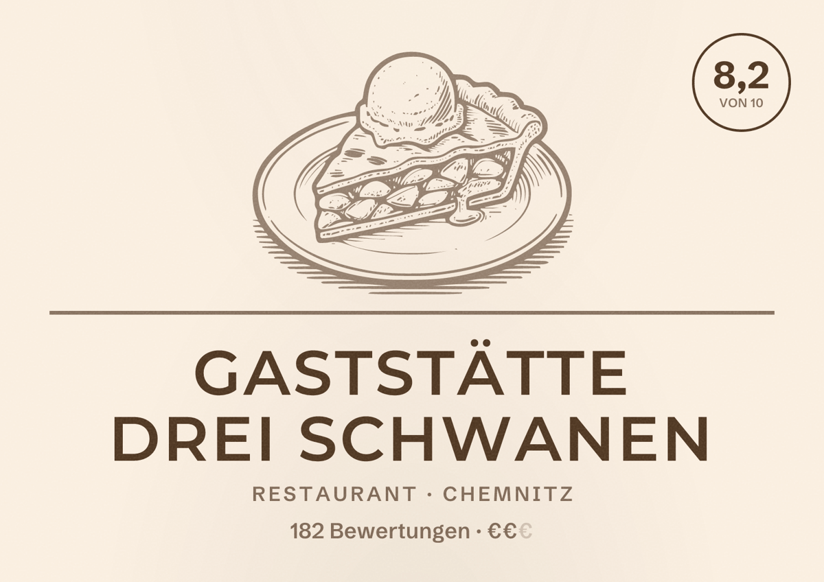 Illustriertes Poster von Gaststätte Drei Schwanen, Restaurant in Chemnitz: Bewertung 8,2 von 10 aus 182 Bewertungen, Preisniveau €€