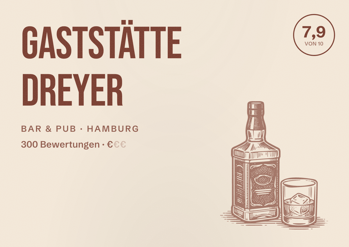 Illustriertes Poster von Gaststätte Dreyer, Bar & Pub in Hamburg: Bewertung 7,9 von 10 aus 300 Bewertungen, Preisniveau €