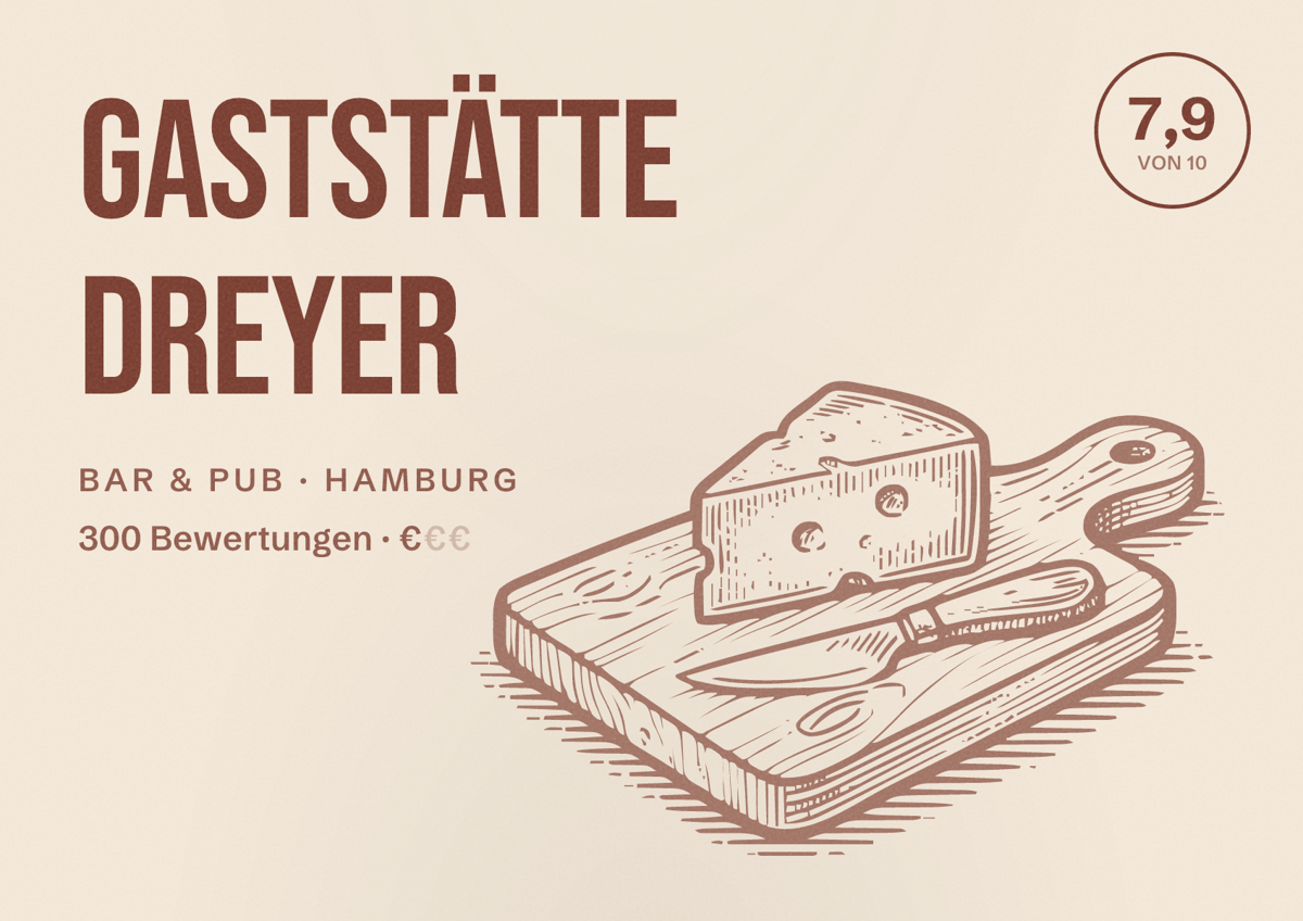Illustriertes Poster von Gaststätte Dreyer, Bar & Pub in Hamburg: Bewertung 7,9 von 10 aus 300 Bewertungen, Preisniveau €