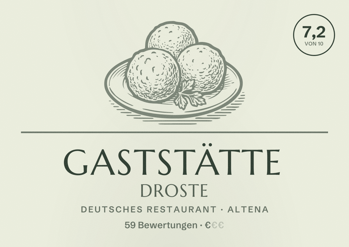 Illustriertes Poster von Gaststätte Droste, Deutsches Restaurant in Altena: Bewertung 7,2 von 10 aus 59 Bewertungen, Preisniveau €