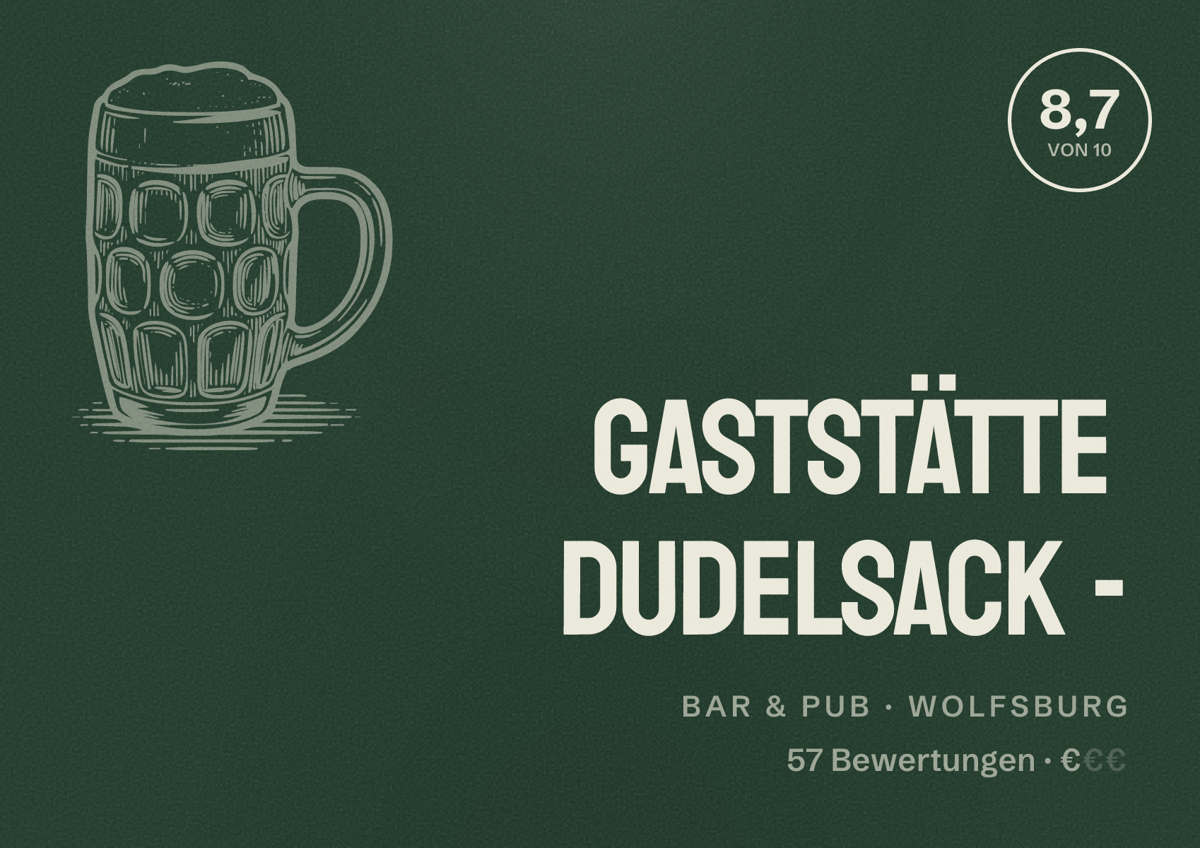 Illustriertes Poster von Gaststätte Dudelsack -, Bar & Pub in Wolfsburg: Bewertung 8,7 von 10 aus 57 Bewertungen, Preisniveau €
