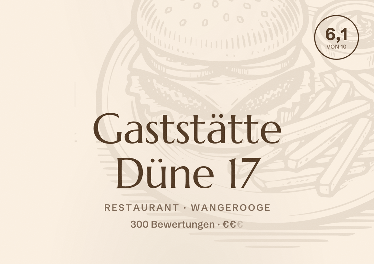 Illustriertes Poster von Gaststätte Düne 17, Restaurant in Wangerooge: Bewertung 6,1 von 10 aus 300 Bewertungen, Preisniveau €€