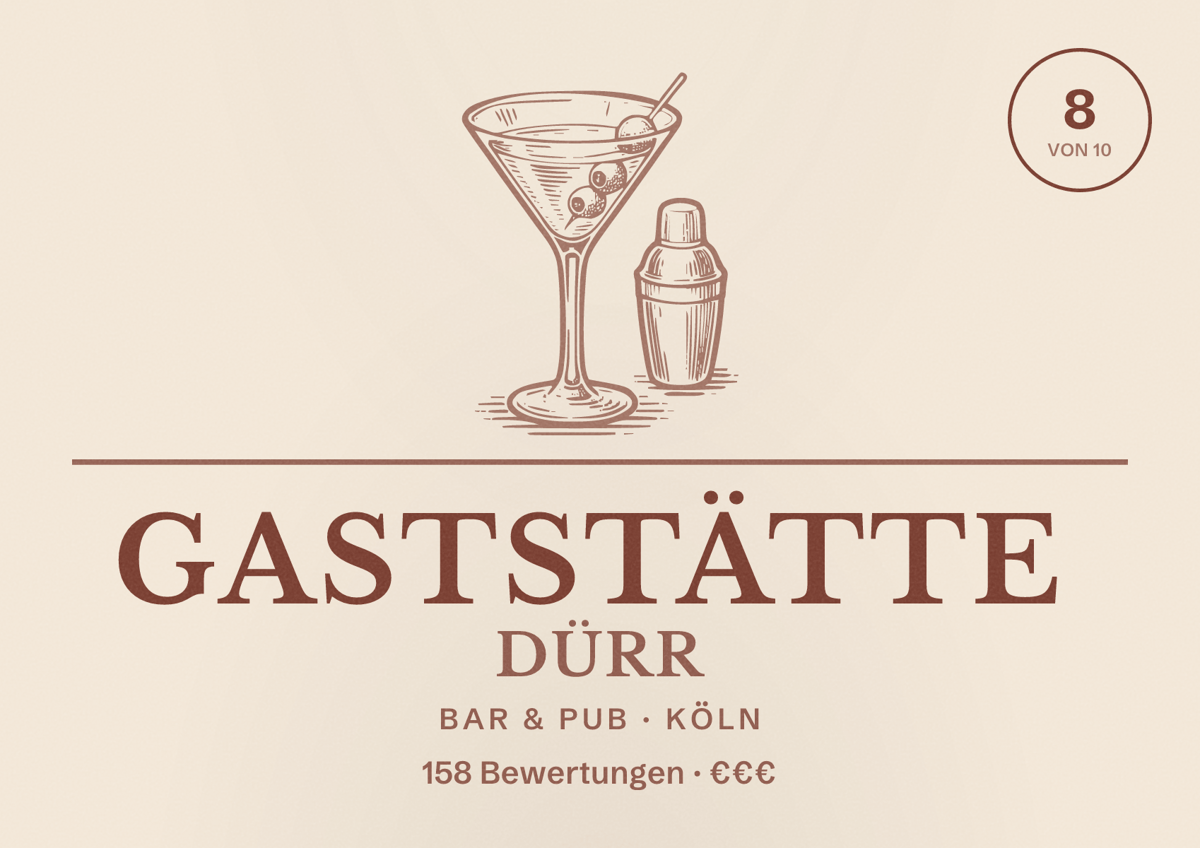 Illustriertes Poster von Gaststätte Dürr, Bar & Pub in Köln: Bewertung 8 von 10 aus 158 Bewertungen, Preisniveau €€€