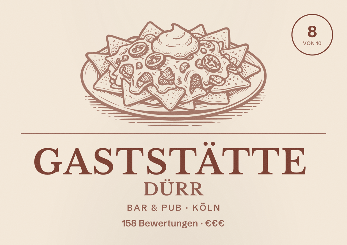 Illustriertes Poster von Gaststätte Dürr, Bar & Pub in Köln: Bewertung 8,0 von 10 aus 158 Bewertungen, Preisniveau €€€