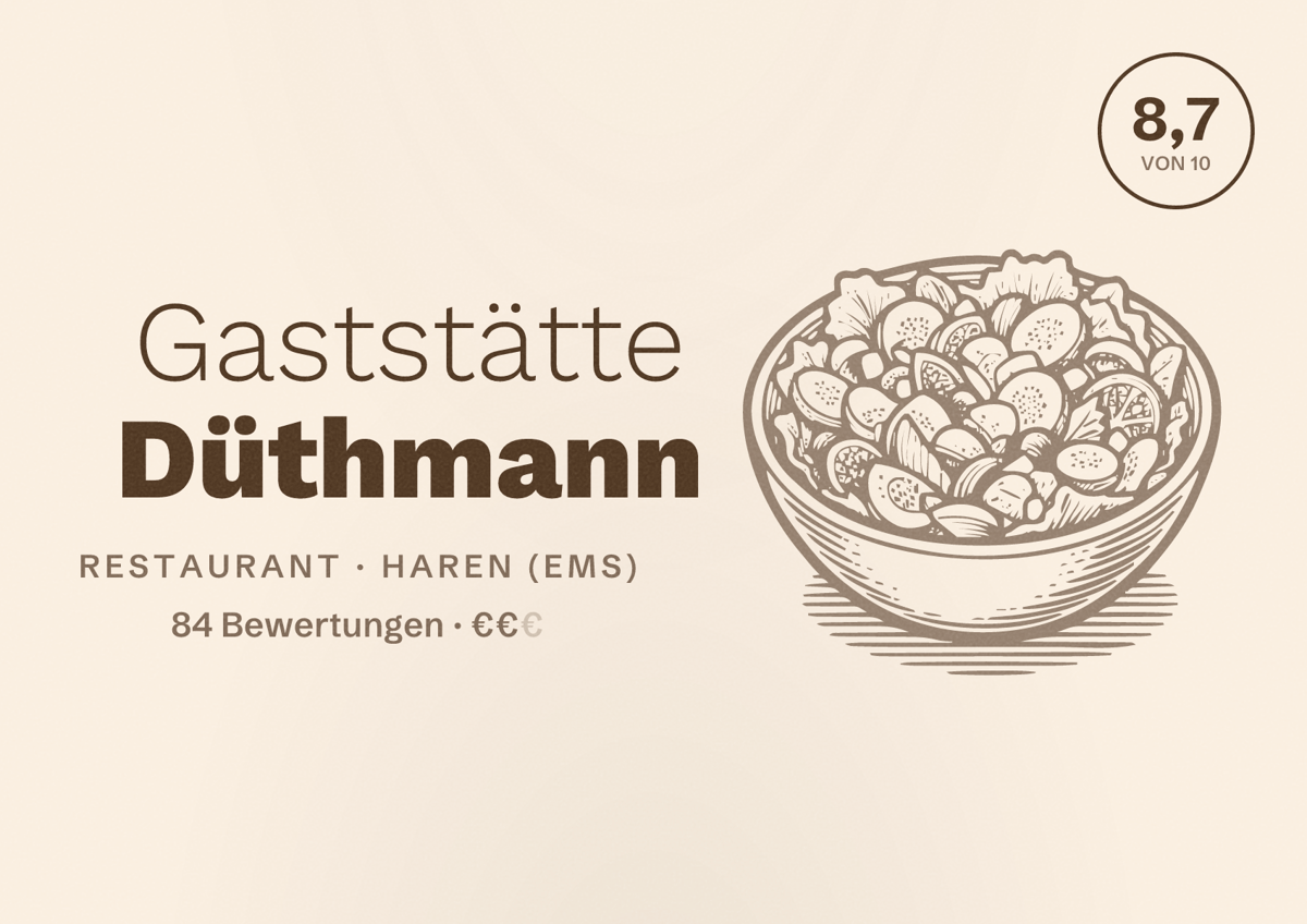 Illustriertes Poster von Gaststätte Düthmann, Restaurant in Haren (Ems): Bewertung 8,7 von 10 aus 84 Bewertungen, Preisniveau €€