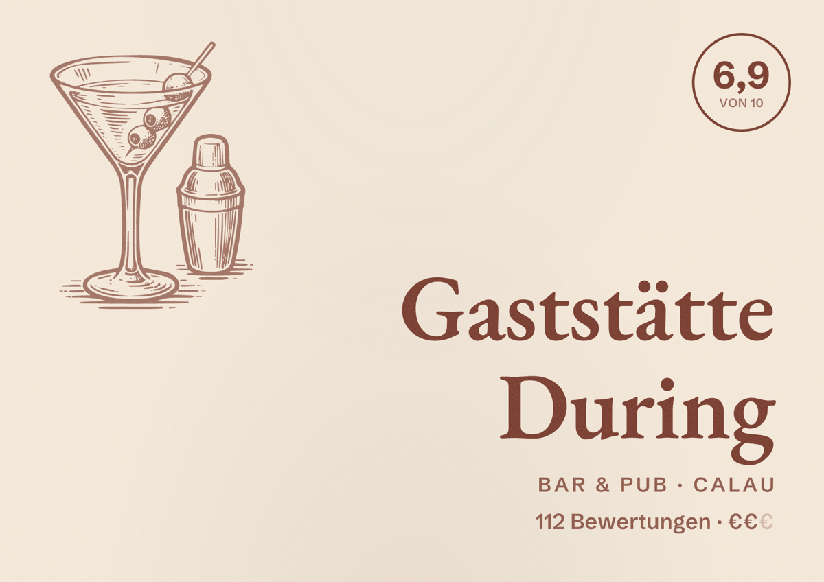 Illustriertes Poster von Gaststätte During, Bar & Pub in Calau: Bewertung 6,9 von 10 aus 112 Bewertungen, Preisniveau €€