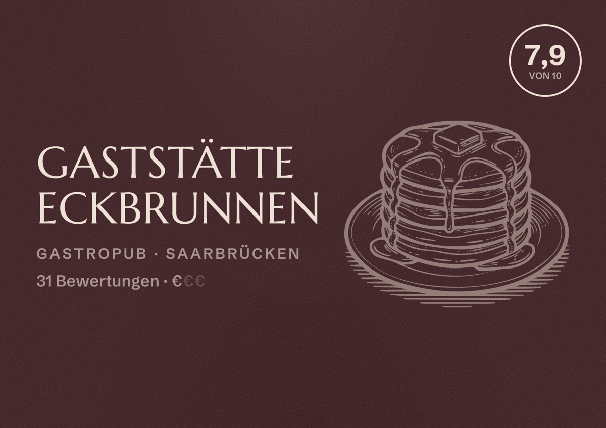 Illustriertes Poster von Gaststätte Eckbrunnen, Gastropub in Saarbrücken: Bewertung 7,9 von 10 aus 31 Bewertungen, Preisniveau €