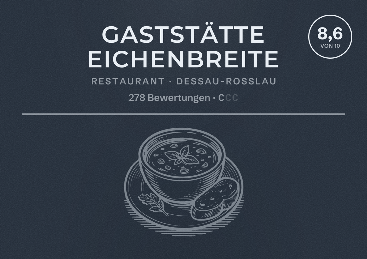 Illustriertes Poster von Gaststätte Eichenbreite, Restaurant in Dessau-Roßlau: Bewertung 8,6 von 10 aus 278 Bewertungen, Preisniveau €