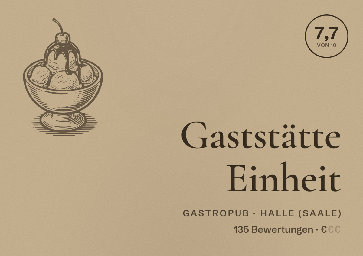 Illustriertes Poster von Gaststätte Einheit, Gastropub in Halle (Saale): Bewertung 7,7 von 10 aus 135 Bewertungen, Preisniveau €