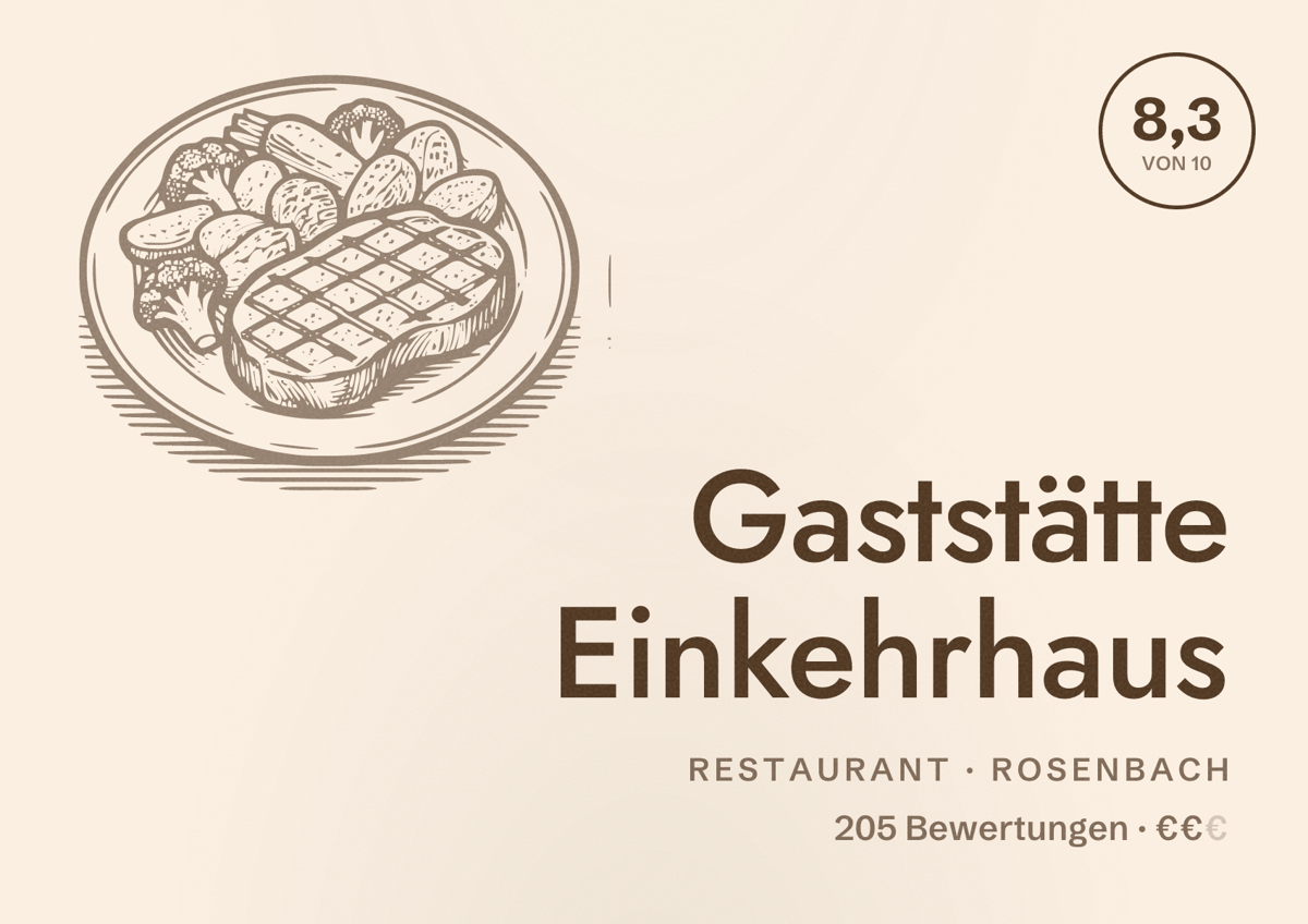 Illustriertes Poster von Gaststätte Einkehrhaus, Restaurant in Rosenbach: Bewertung 8,3 von 10 aus 205 Bewertungen, Preisniveau €€