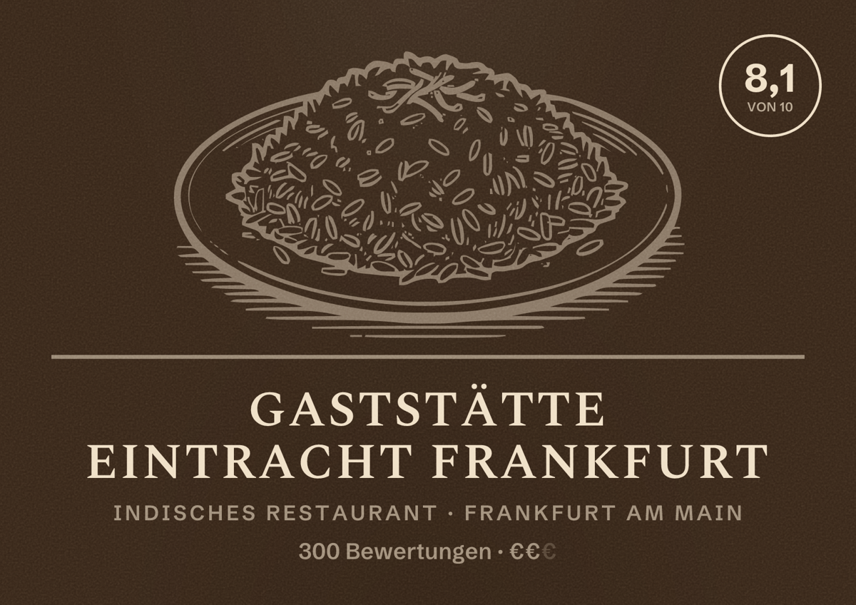 Illustriertes Poster von Gaststätte Eintracht Frankfurt, Indisches Restaurant in Frankfurt am Main: Bewertung 8,1 von 10 aus 300 Bewertungen, Preisniveau €€