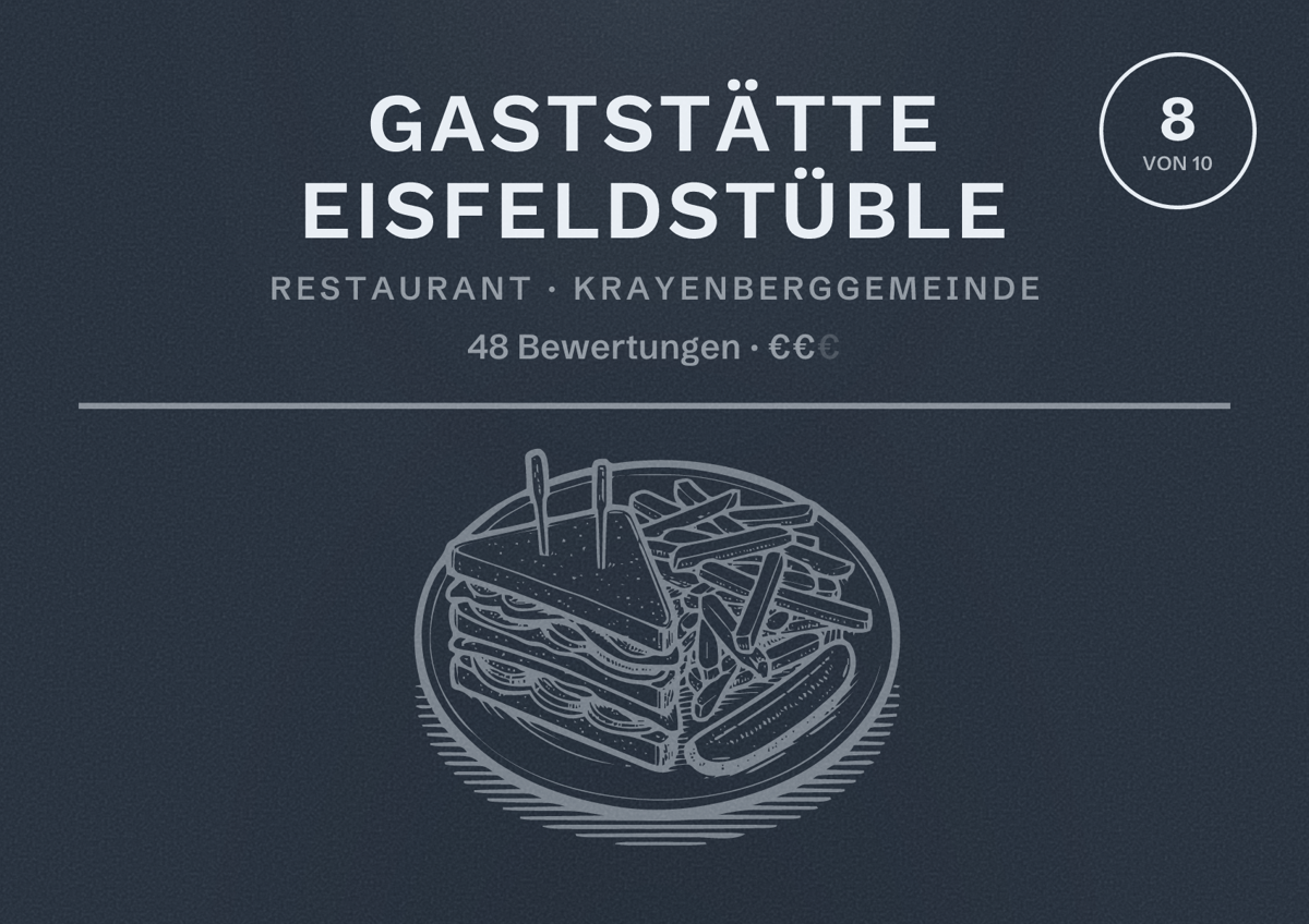 Illustriertes Poster von Gaststätte Eisfeldstüble, Restaurant in Krayenberggemeinde: Bewertung 8 von 10 aus 48 Bewertungen, Preisniveau €€