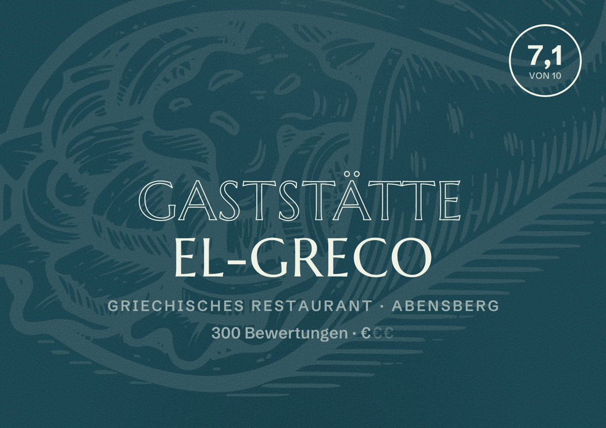 Illustriertes Poster von Gaststätte El-greco, Griechisches Restaurant in Abensberg: Bewertung 7,1 von 10 aus 300 Bewertungen, Preisniveau €
