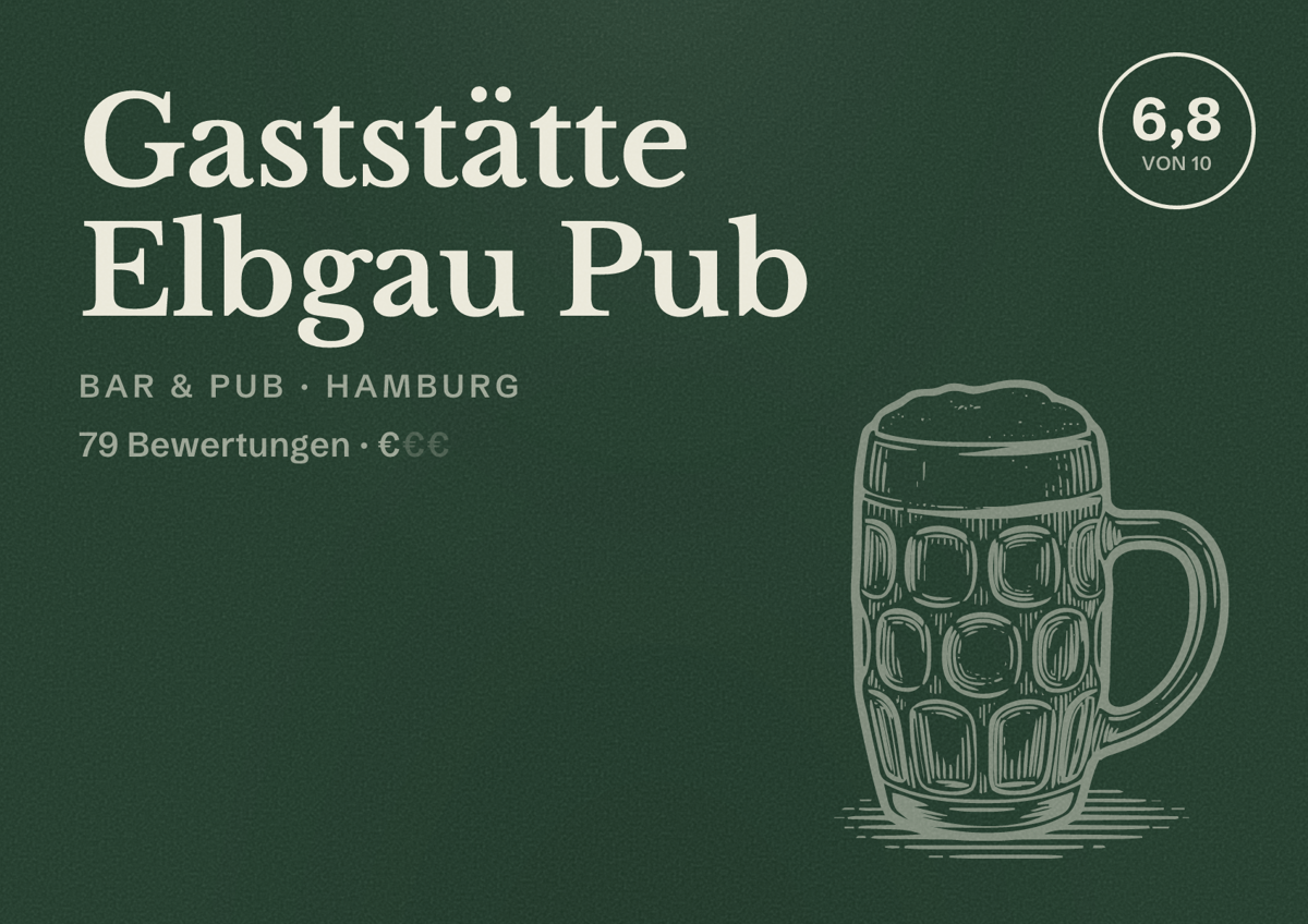Illustriertes Poster von Gaststätte Elbgau Pub, Bar & Pub in Hamburg: Bewertung 6,8 von 10 aus 79 Bewertungen, Preisniveau €