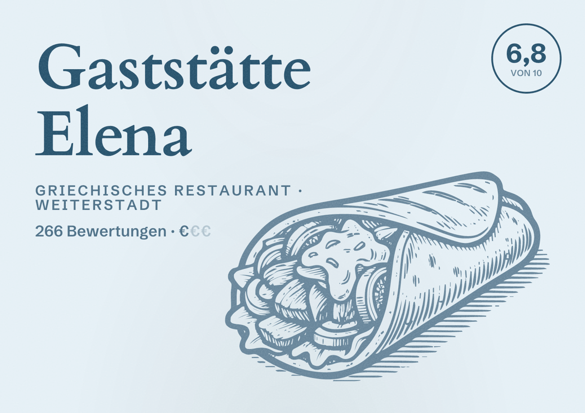 Illustriertes Poster von Gaststätte Elena, Griechisches Restaurant in Weiterstadt: Bewertung 6,8 von 10 aus 266 Bewertungen, Preisniveau €