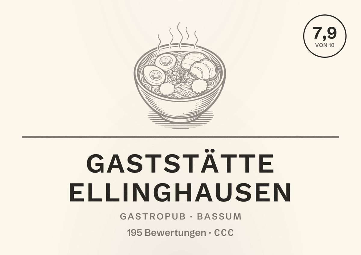 Illustriertes Poster von Gaststätte Ellinghausen, Gastropub in Bassum: Bewertung 7,9 von 10 aus 195 Bewertungen, Preisniveau €€€