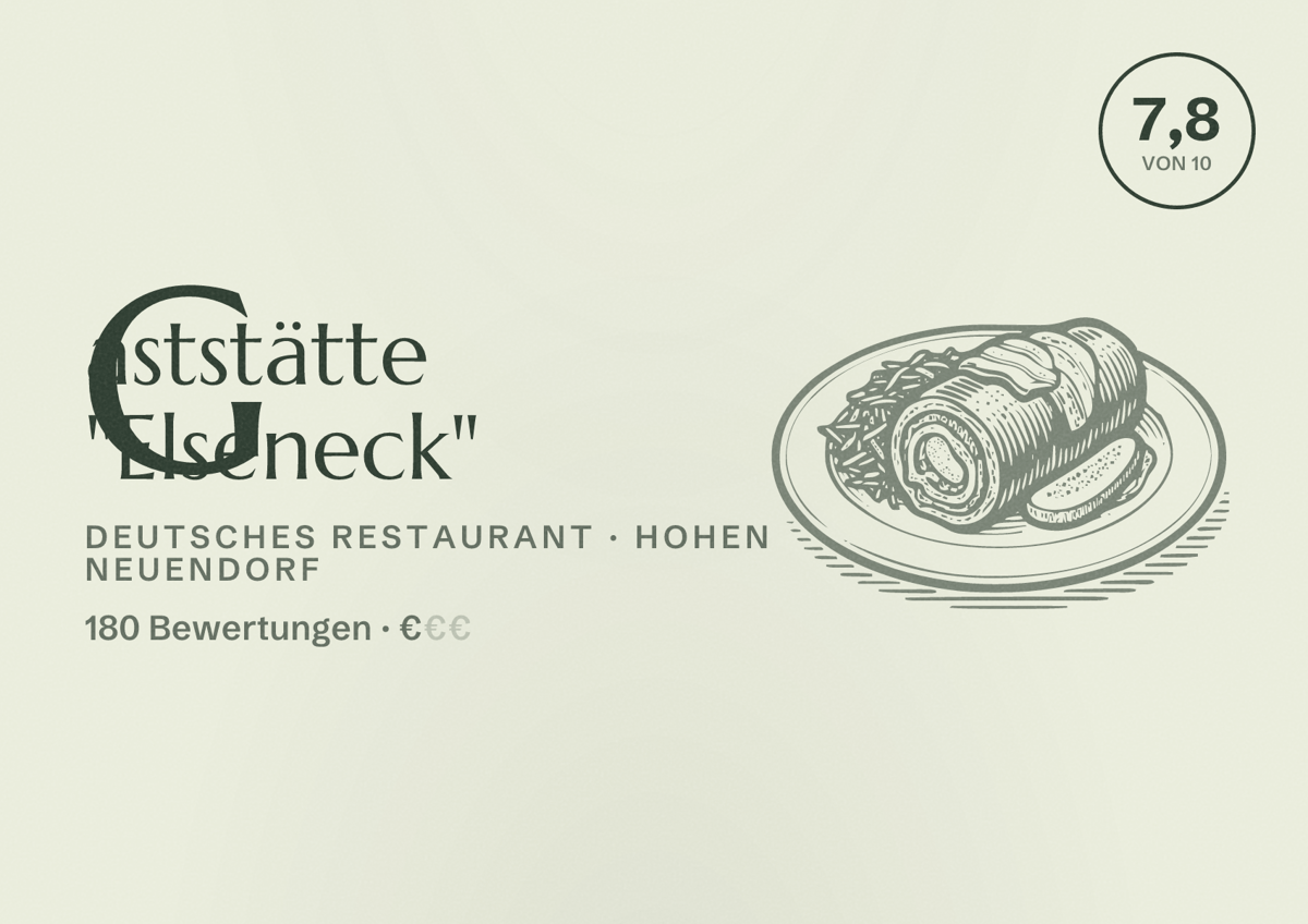 Illustriertes Poster von Gaststätte "Elseneck", Deutsches Restaurant in Hohen Neuendorf: Bewertung 7,8 von 10 aus 180 Bewertungen, Preisniveau €