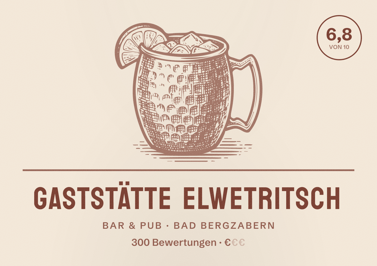 Illustriertes Poster von Gaststätte Elwetritsch, Bar & Pub in Bad Bergzabern: Bewertung 6,8 von 10 aus 300 Bewertungen, Preisniveau €