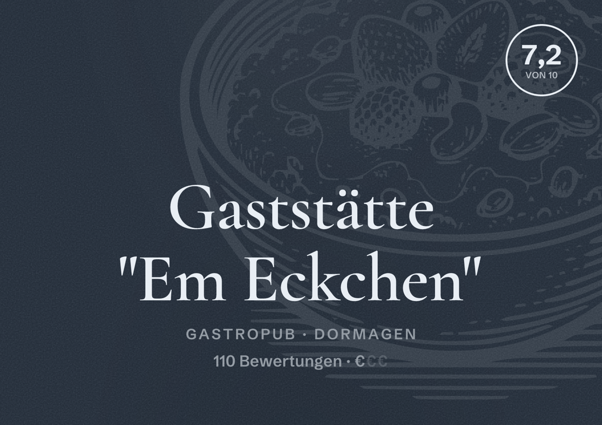 Illustriertes Poster von Gaststätte "Em Eckchen", Gastropub in Dormagen: Bewertung 7,2 von 10 aus 110 Bewertungen, Preisniveau €