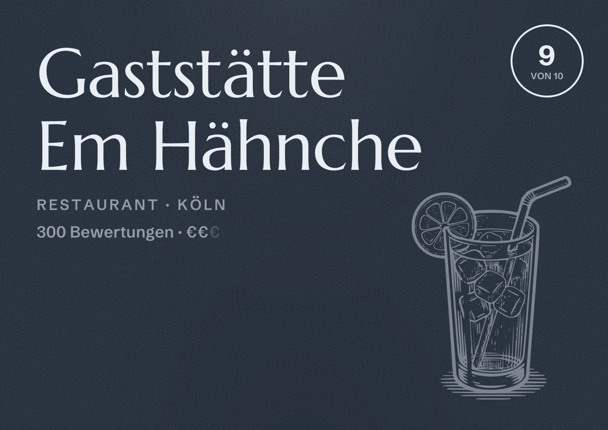 Illustriertes Poster von Gaststätte Em Hähnche, Restaurant in Köln: Bewertung 9 von 10 aus 300 Bewertungen, Preisniveau €€