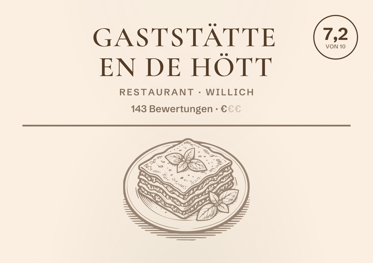 Illustriertes Poster von Gaststätte En de Hött, Restaurant in Willich: Bewertung 7,2 von 10 aus 143 Bewertungen, Preisniveau €