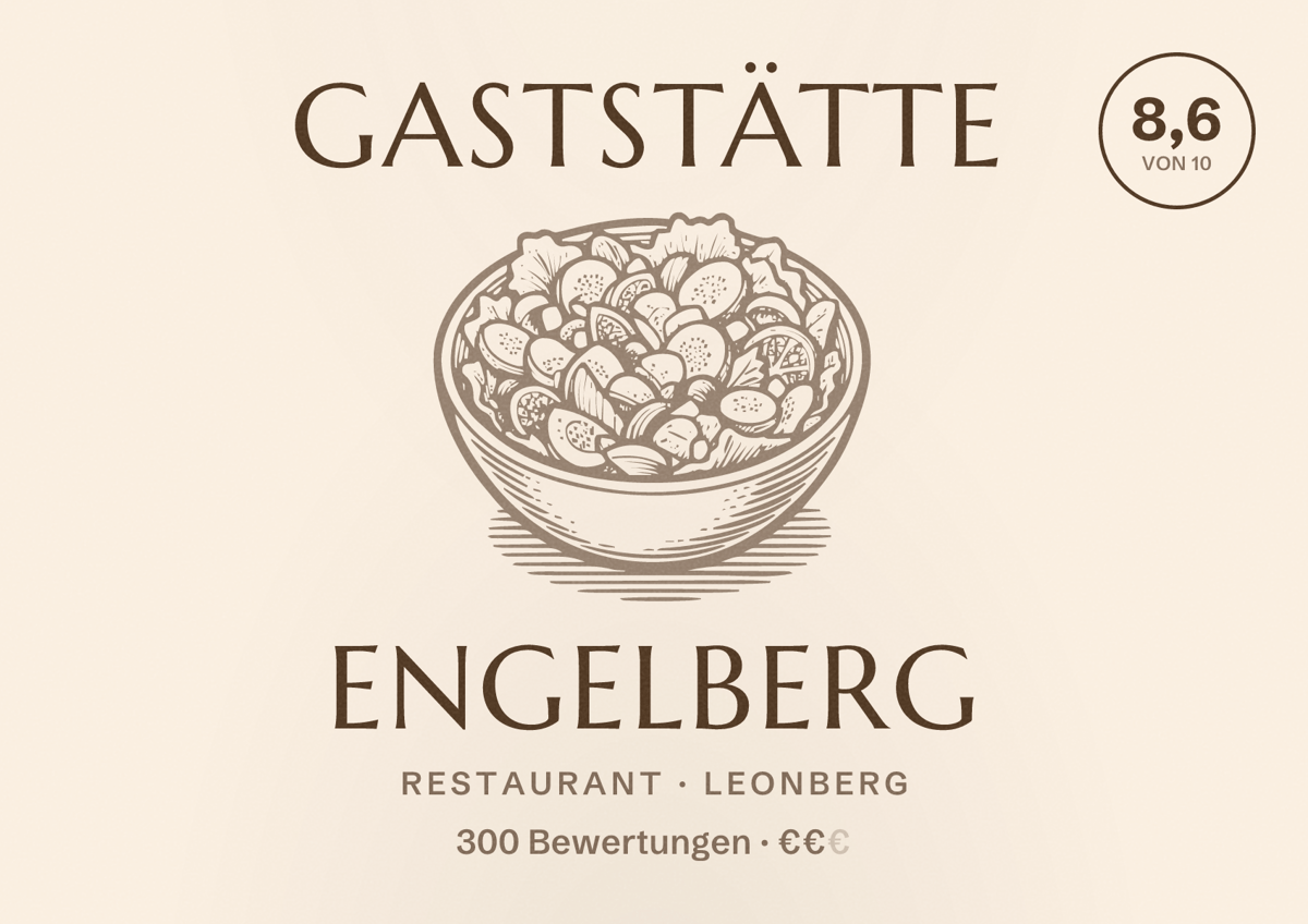 Illustriertes Poster von Gaststätte Engelberg, Restaurant in Leonberg: Bewertung 8,6 von 10 aus 300 Bewertungen, Preisniveau €€