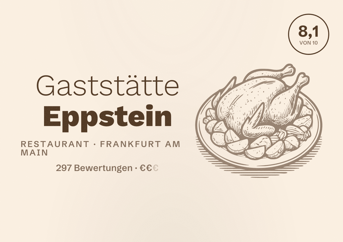 Illustriertes Poster von Gaststätte Eppstein, Restaurant in Frankfurt am Main: Bewertung 8,1 von 10 aus 297 Bewertungen, Preisniveau €€