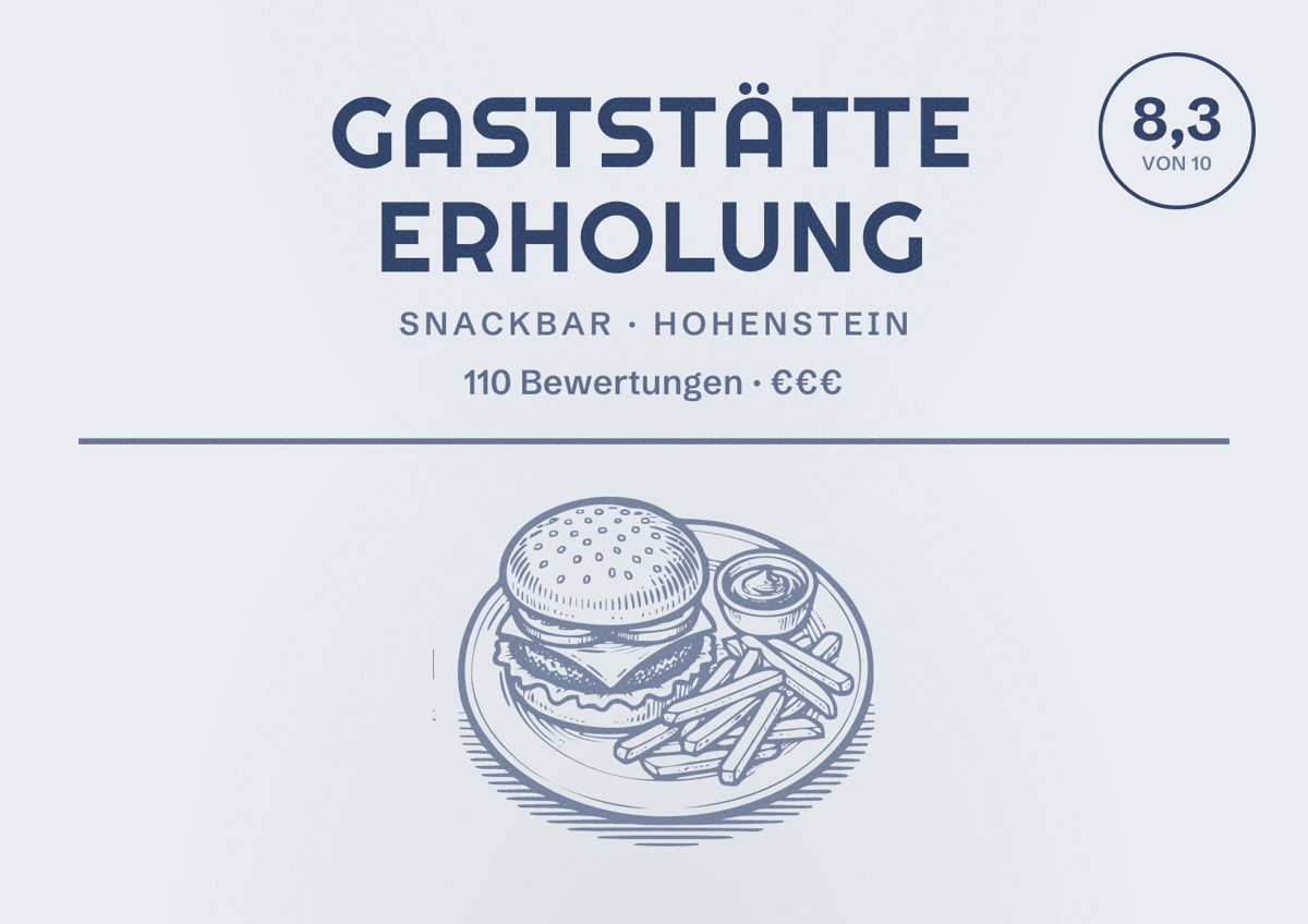 Illustriertes Poster von Gaststätte Erholung, Snackbar in Hohenstein: Bewertung 8,3 von 10 aus 110 Bewertungen, Preisniveau €€€