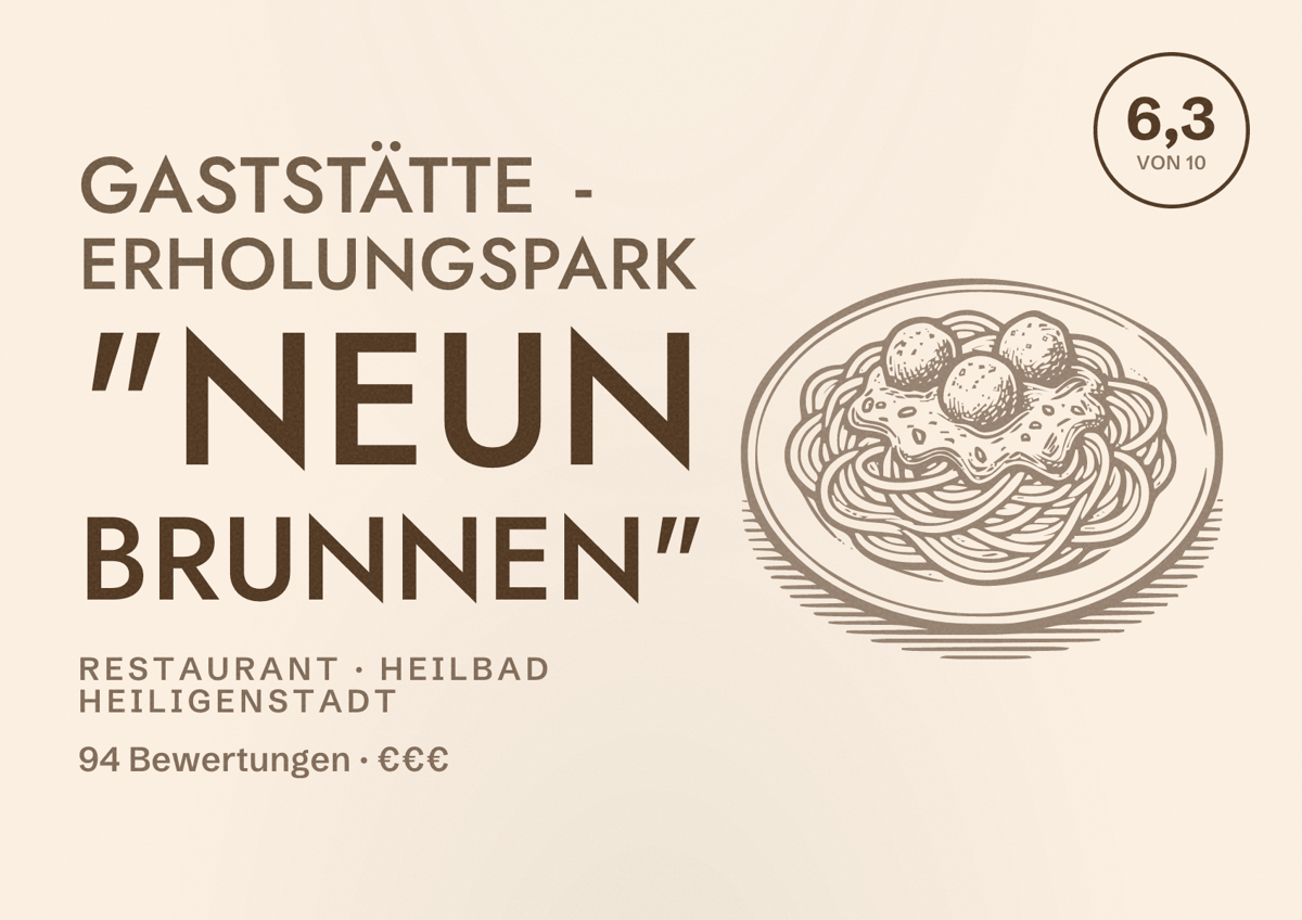 Illustriertes Poster von Gaststätte - Erholungspark "Neun Brunnen", Restaurant in Heilbad Heiligenstadt: Bewertung 6,3 von 10 aus 94 Bewertungen, Preisniveau €€€