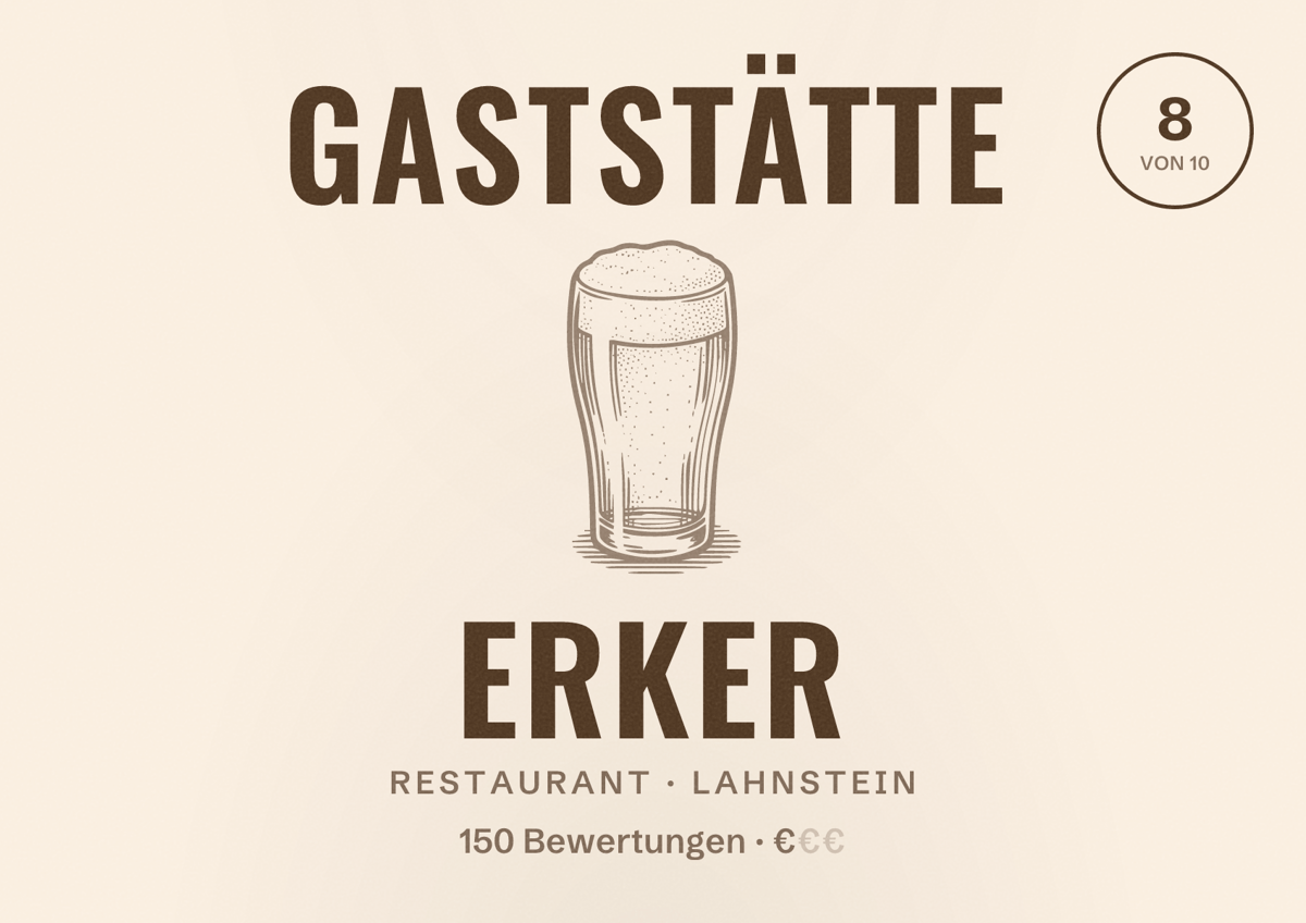 Illustriertes Poster von Gaststätte Erker, Restaurant in Lahnstein: Bewertung 8 von 10 aus 150 Bewertungen, Preisniveau €