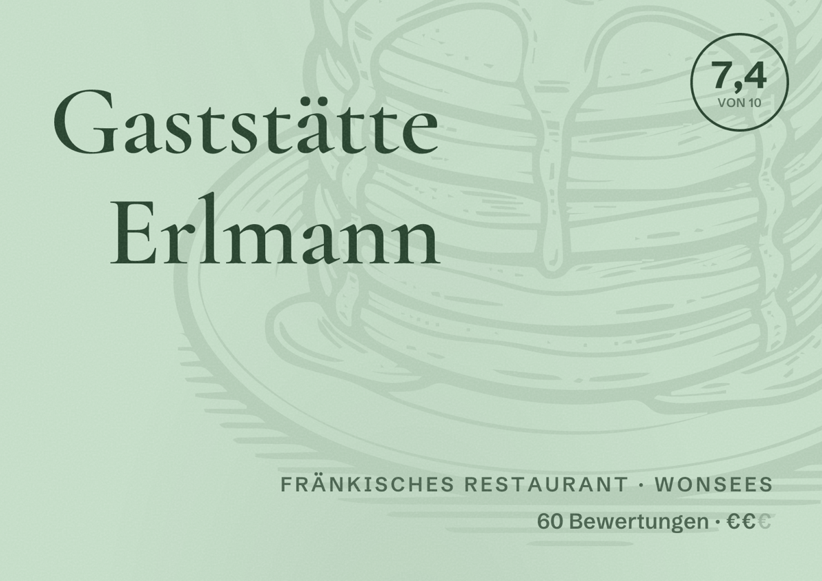 Illustriertes Poster von Gaststätte Erlmann, Fränkisches Restaurant in Wonsees: Bewertung 7,4 von 10 aus 60 Bewertungen, Preisniveau €€