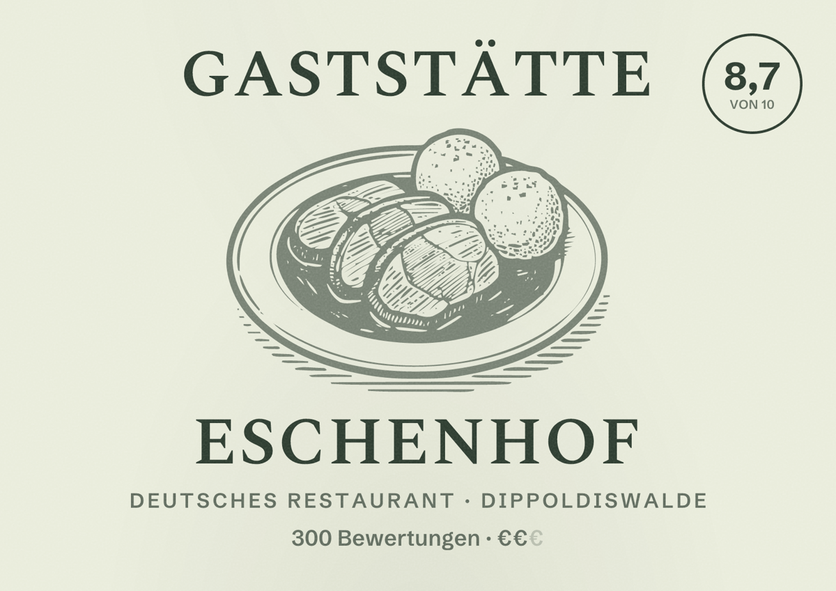 Illustriertes Poster von Gaststätte Eschenhof, Deutsches Restaurant in Dippoldiswalde: Bewertung 8,7 von 10 aus 300 Bewertungen, Preisniveau €€