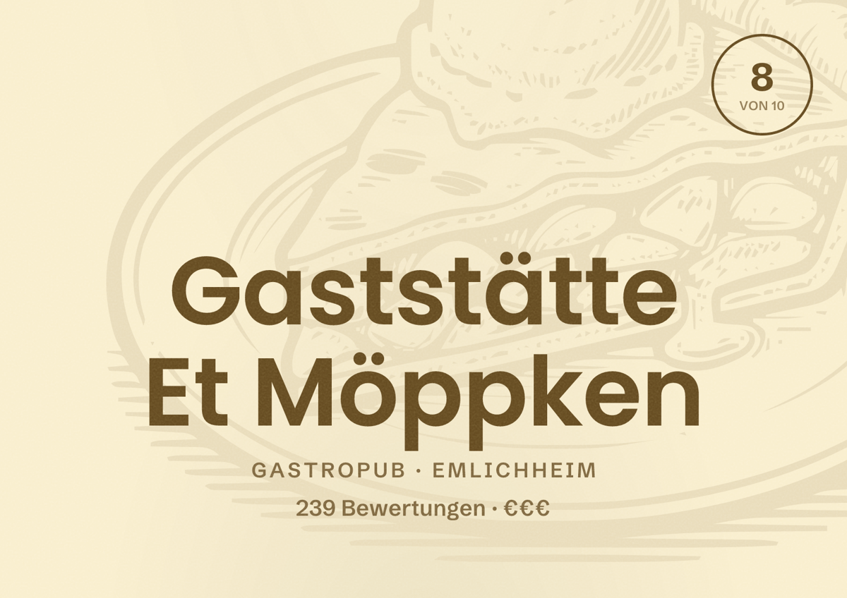 Illustriertes Poster von Gaststätte Et Möppken, Gastropub in Emlichheim: Bewertung 8 von 10 aus 239 Bewertungen, Preisniveau €€€