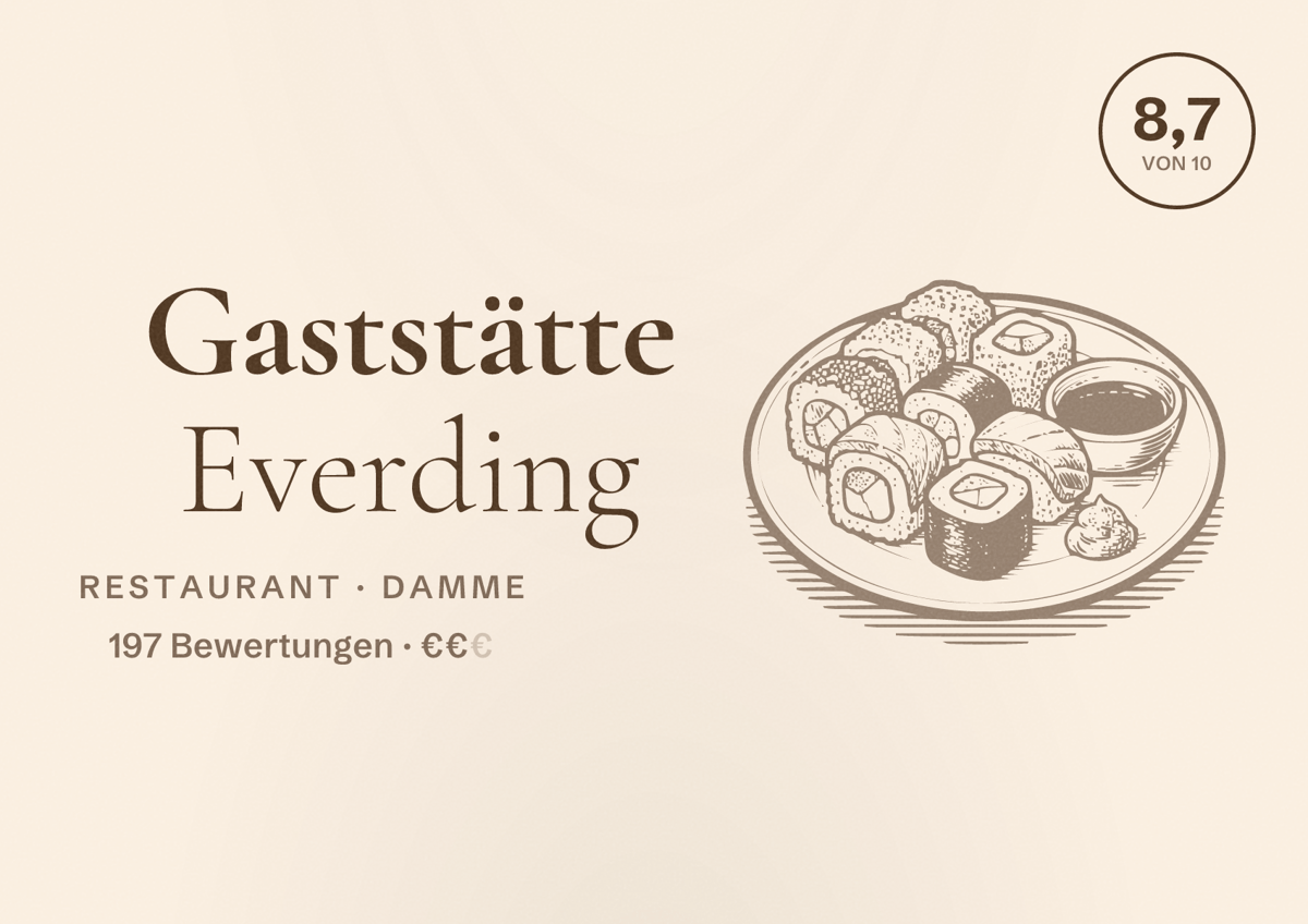 Illustriertes Poster von Gaststätte Everding, Restaurant in Damme: Bewertung 8,7 von 10 aus 197 Bewertungen, Preisniveau €€
