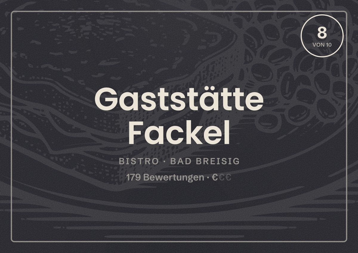 Illustriertes Poster von Gaststätte Fackel, Bistro in Bad Breisig: Bewertung 8 von 10 aus 179 Bewertungen, Preisniveau €