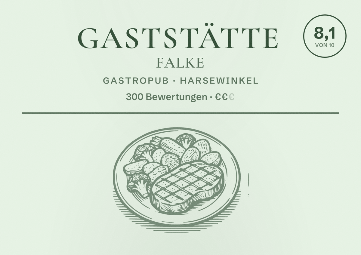 Illustriertes Poster von Gaststätte Falke, Gastropub in Harsewinkel: Bewertung 8,1 von 10 aus 300 Bewertungen, Preisniveau €€