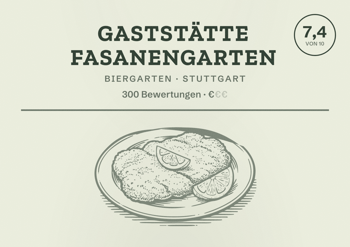 Illustriertes Poster von Gaststätte Fasanengarten, Biergarten in Stuttgart: Bewertung 7,4 von 10 aus 300 Bewertungen, Preisniveau €