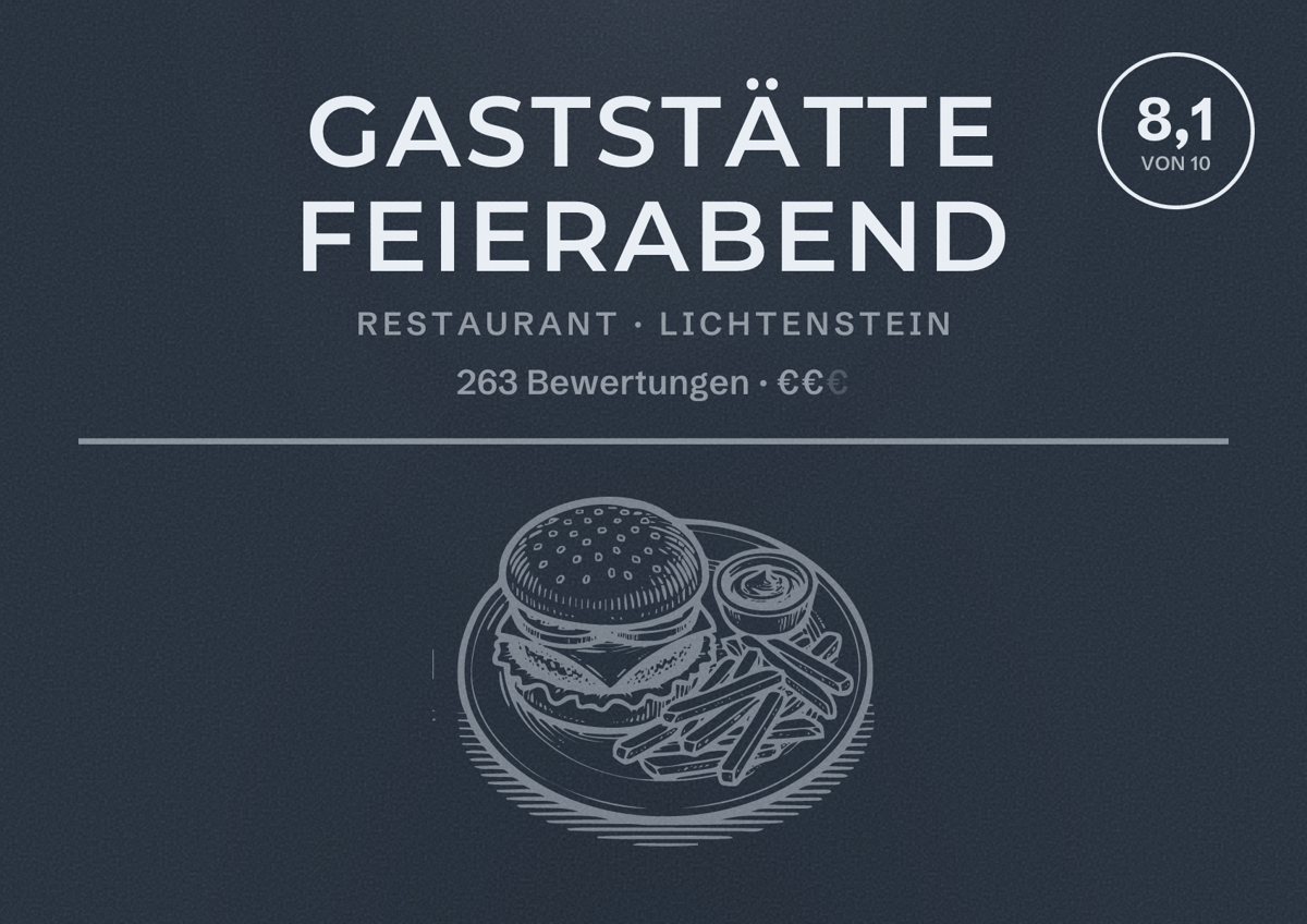 Illustriertes Poster von Gaststätte Feierabend, Restaurant in Lichtenstein: Bewertung 8,1 von 10 aus 263 Bewertungen, Preisniveau €€