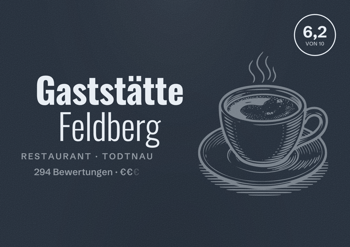 Illustriertes Poster von Gaststätte Feldberg, Restaurant in Todtnau: Bewertung 6,2 von 10 aus 294 Bewertungen, Preisniveau €€