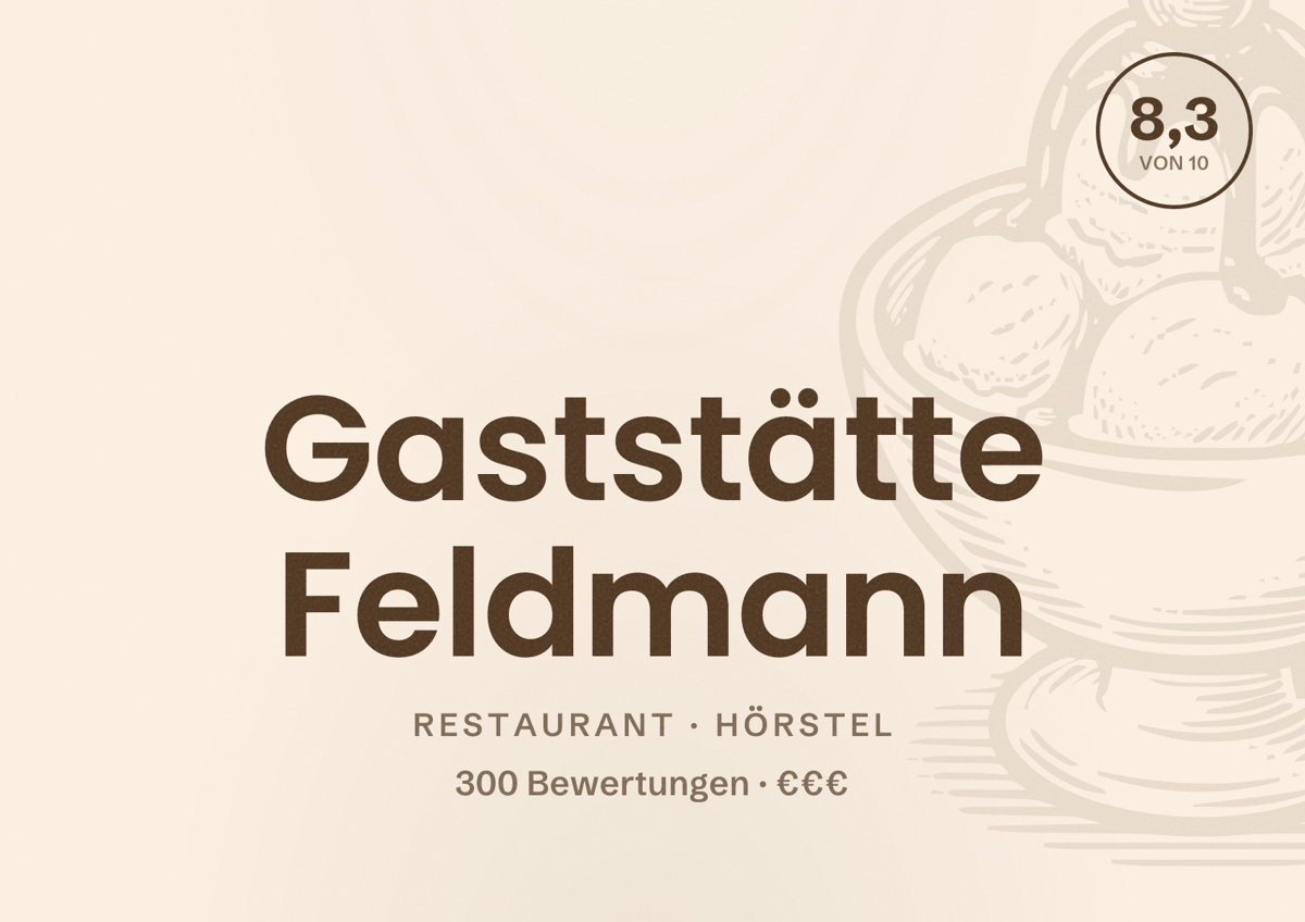 Illustriertes Poster von Gaststätte Feldmann, Restaurant in Hörstel: Bewertung 8,3 von 10 aus 300 Bewertungen, Preisniveau €€€