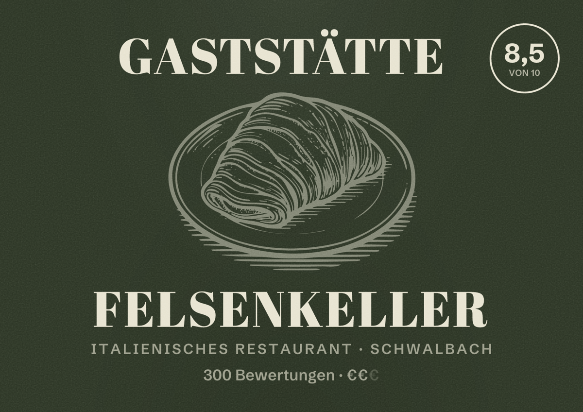 Illustriertes Poster von Gaststätte Felsenkeller, Italienisches Restaurant in Schwalbach: Bewertung 8,5 von 10 aus 300 Bewertungen, Preisniveau €€